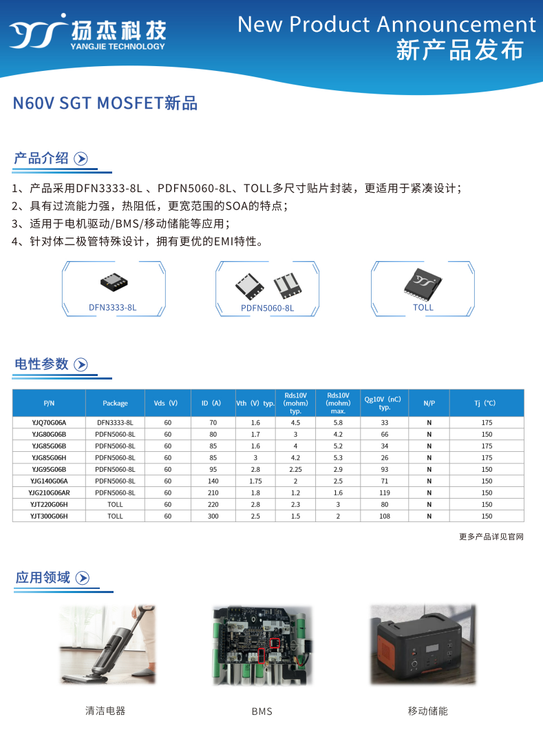 揚(yáng)杰60V低壓MOS SGT新品發(fā)布